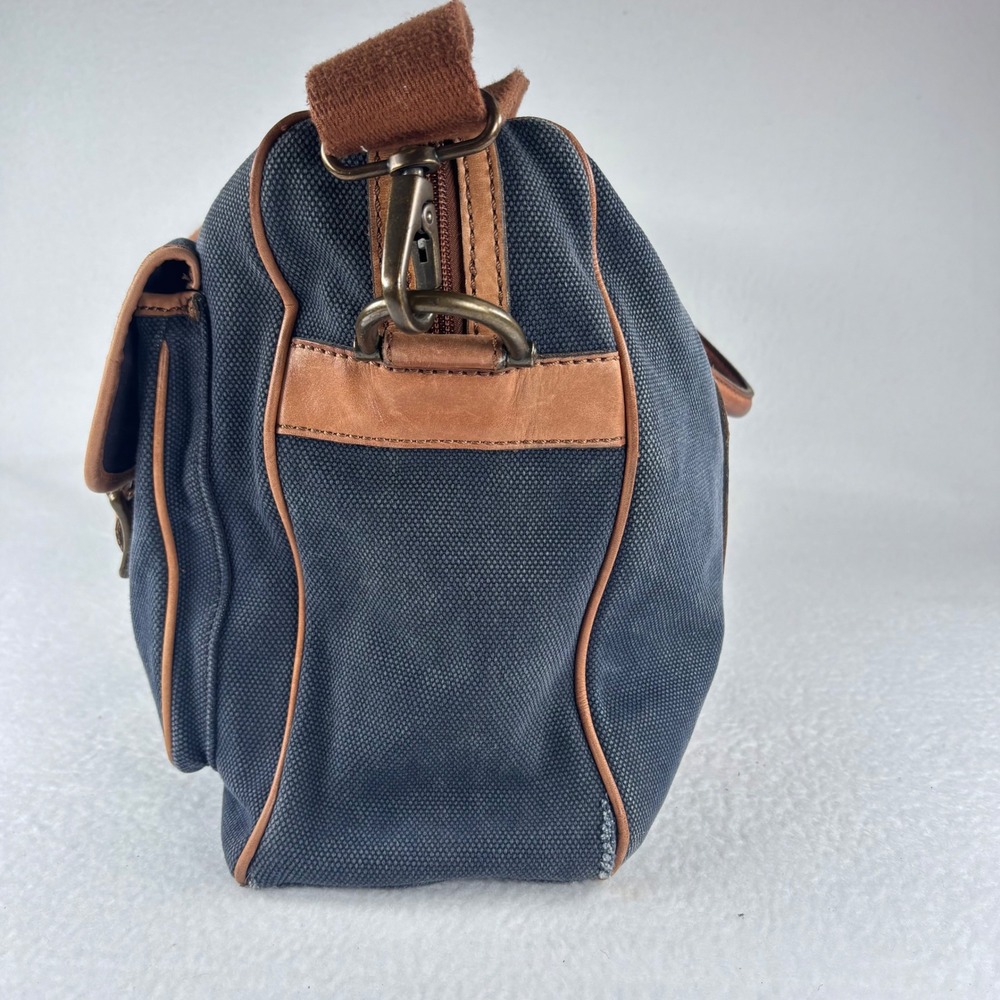 Y2K VTG Fossil Messenger Bag Navy Blue Canvas Leather Laptop Satchel Academia - Picture 7 of 16